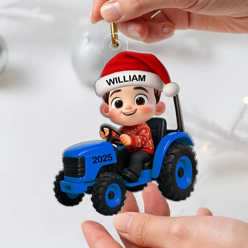 Cartoon Boy Tractor Acrylic Ornament with Christmas Cheer, Perfect Gift for Kids