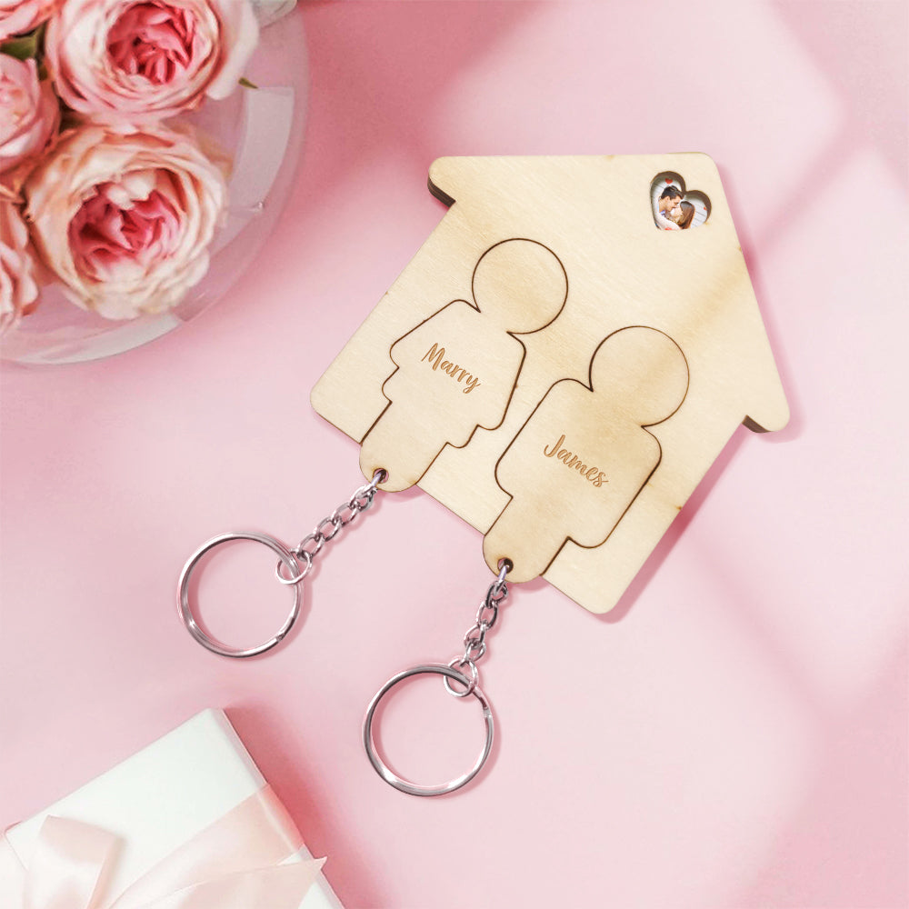 House Shape Couple - Personalized Couple Wooden Name Keychain Holder
