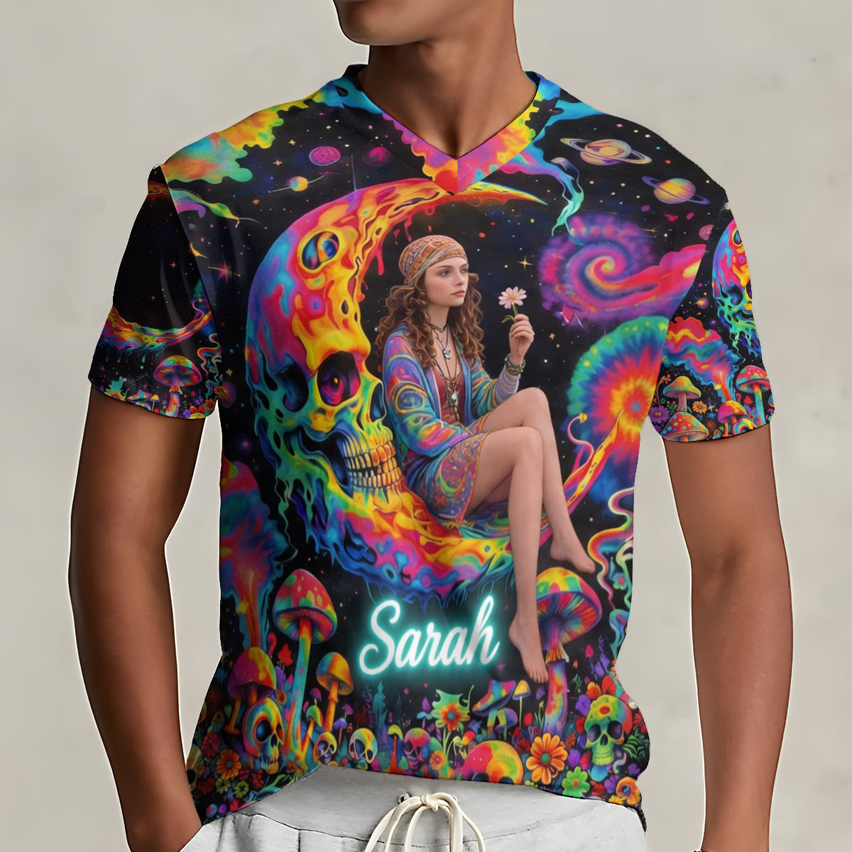 Custom Any Photo Hippie Skull Psychedelic - Personalized Hippie Fully Printed V-Neck T-Shirt