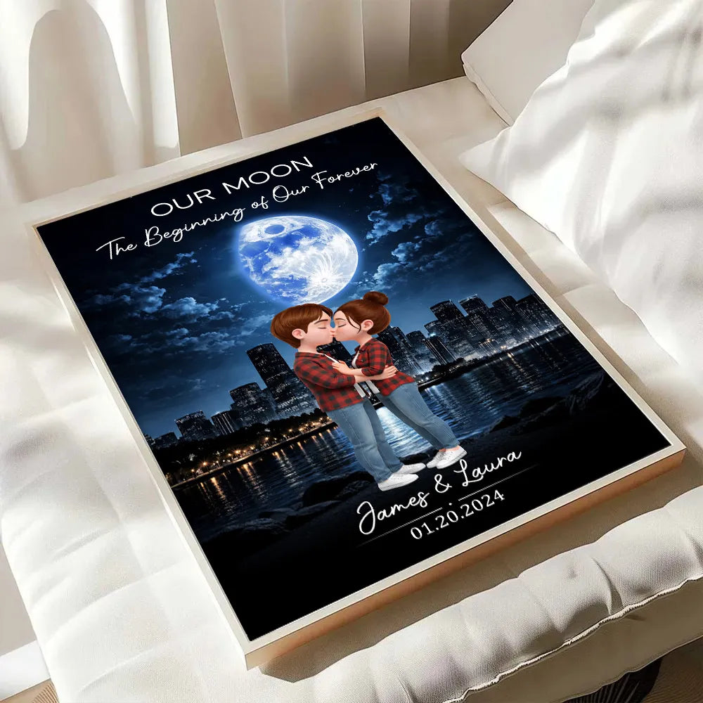 Our Moon Romantic Poster with Kissing Couple by the City Skyline, Personalized Keepsake Wall Art, Unique Wedding Gift