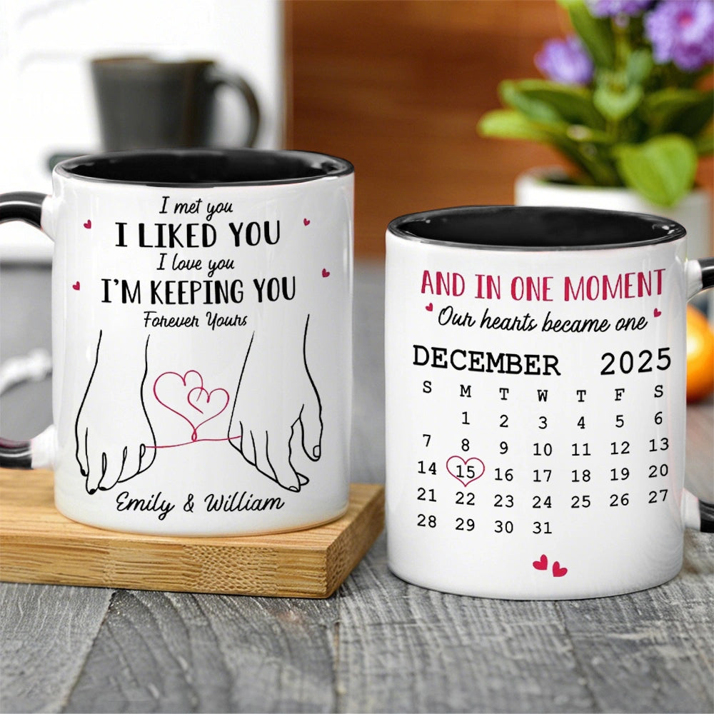 Personalized White Ceramic Mug for Couples with Holding Hands Art, Custom Date, Romantic Keepsake Gift