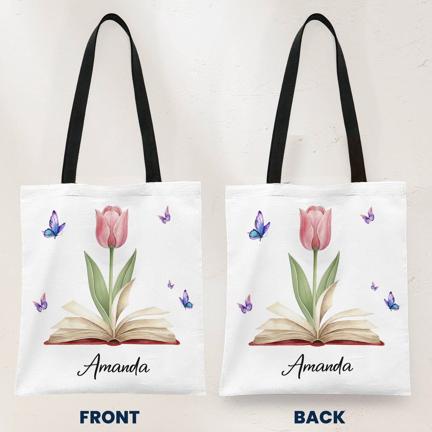 Personalized Tote Bag with Birth Flower Book Design, Butterfly Accent, Unique Gift for Book Lovers and Book Club Friends