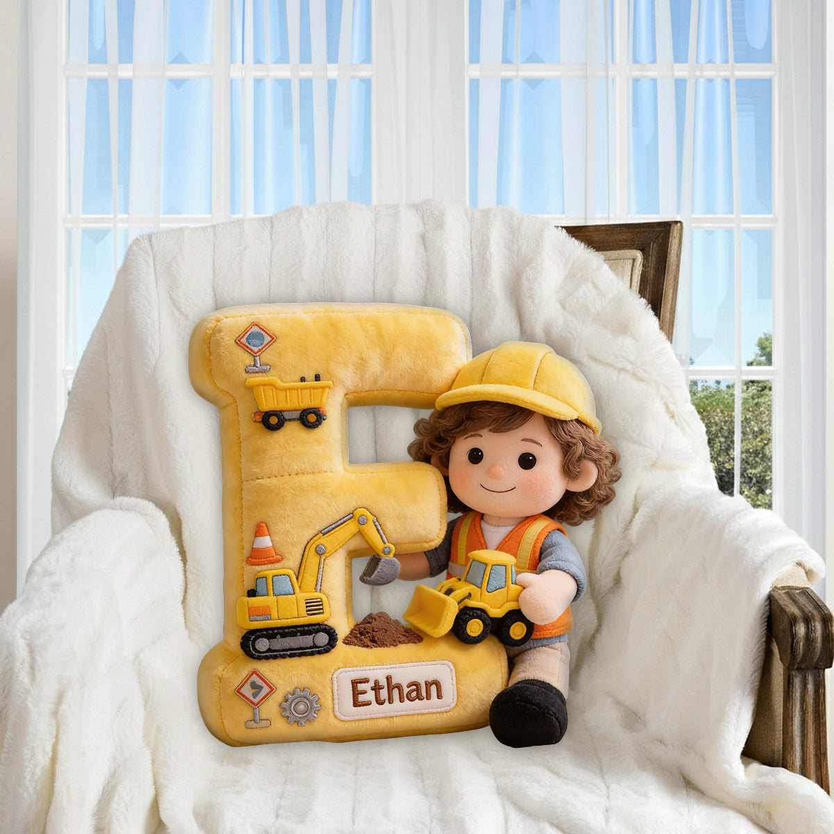 Construction Alphabet Letter & Custom Photo - Personalized Kid Premium Faux Fur Pillow