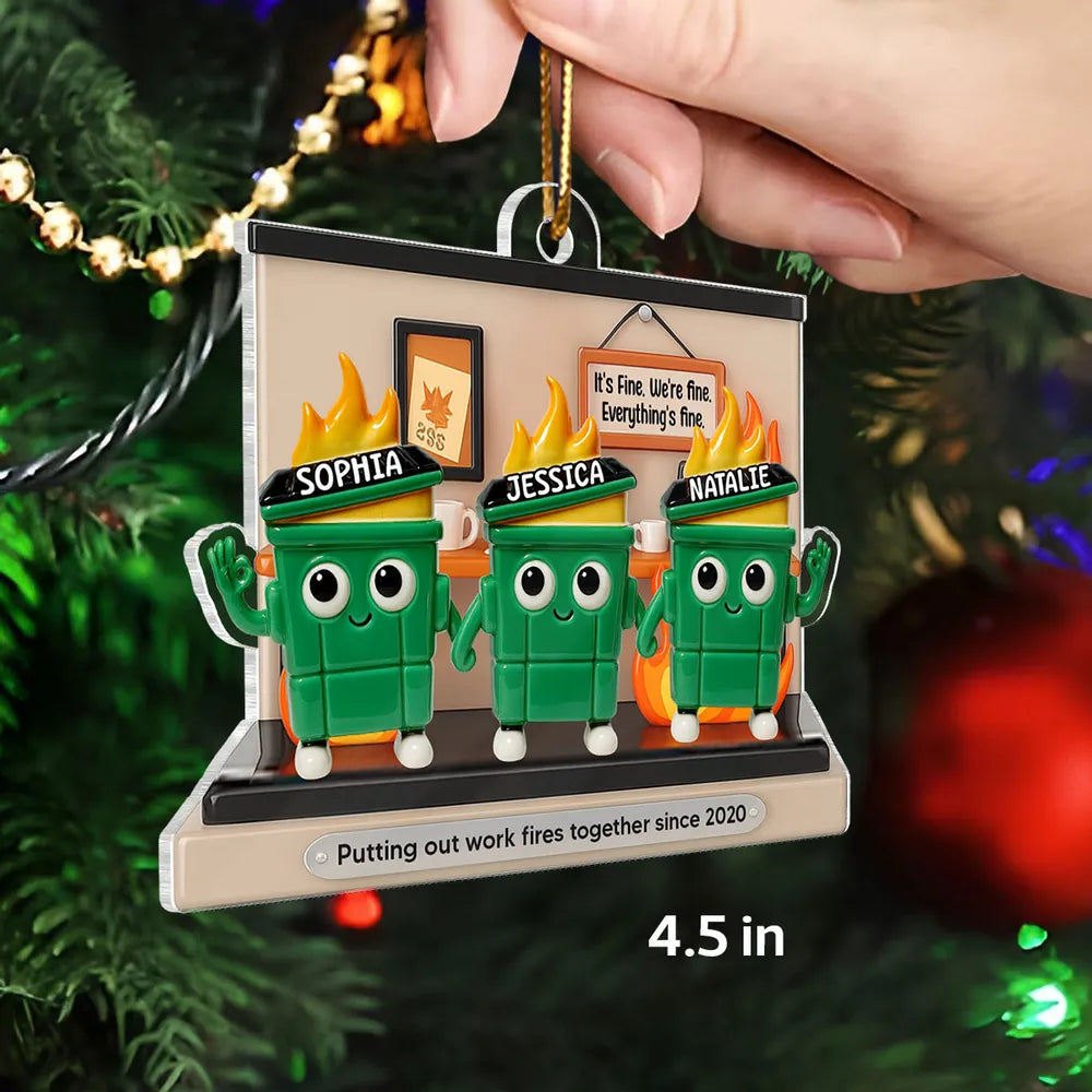 Funny Office Acrylic Ornament With Flaming Trash Cans, Unique Coworker Gift For Desk Or Tree