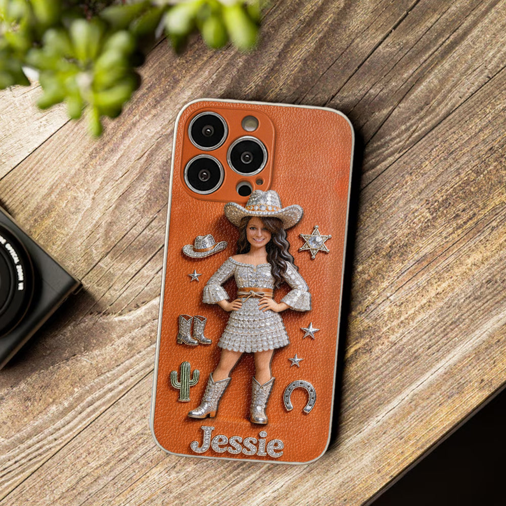 Cowgirl Spirit - Personalized Cowgirl 3D Embossed Leather Phone Case