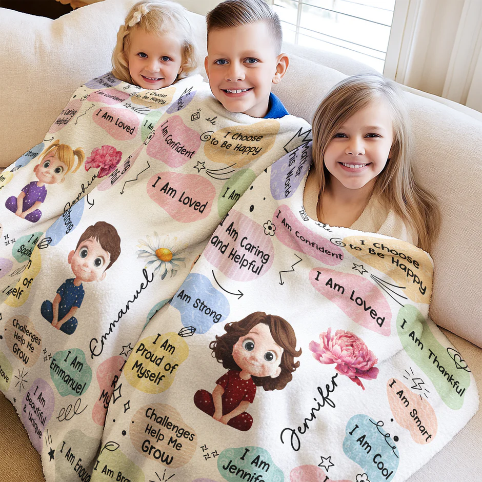 Personalized Fleece Blanket with Kids Affirmations and Cute Cartoon Girl, Pastel Nursery Throw, Unique Creative Gift for Kids