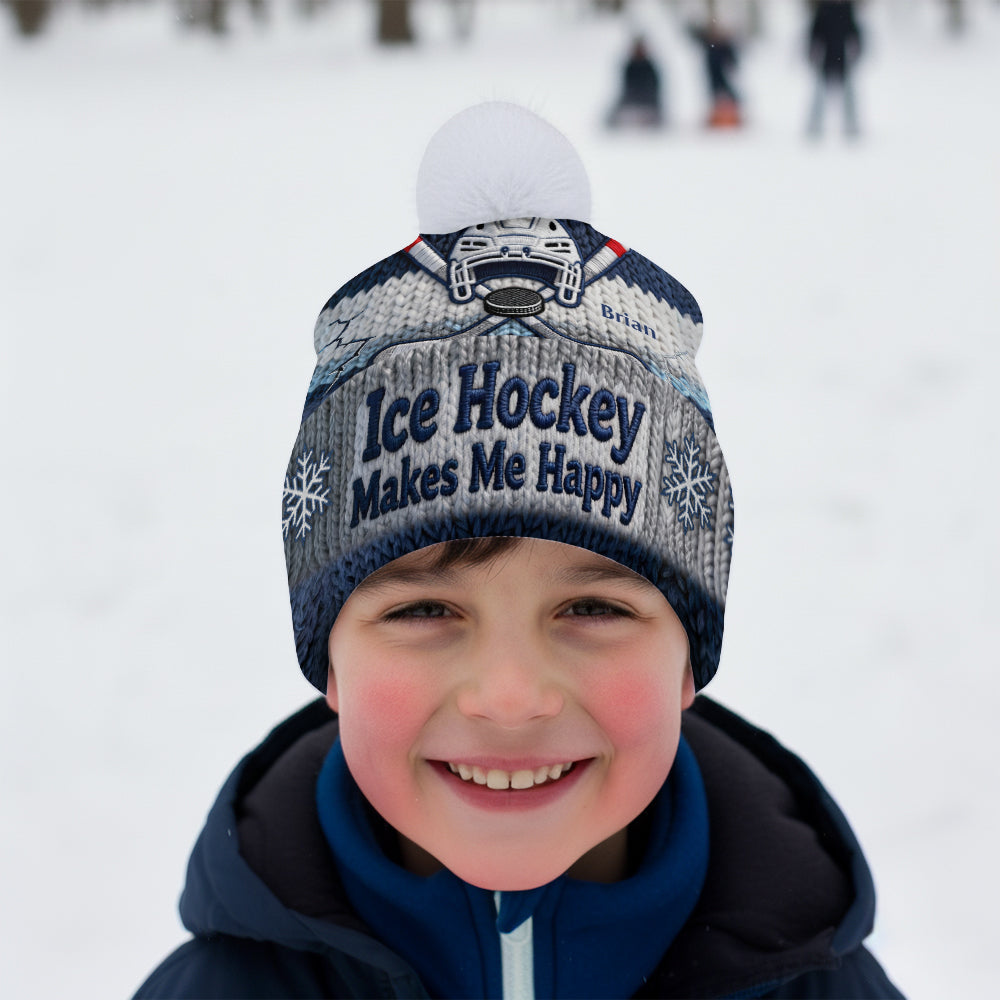 Ice Hockey Makes Me Happy - Personalized Hockey Beanie Hat