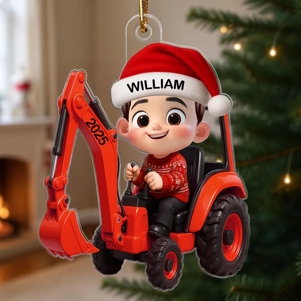 Cartoon Boy Tractor Acrylic Ornament with Christmas Cheer, Perfect Gift for Kids