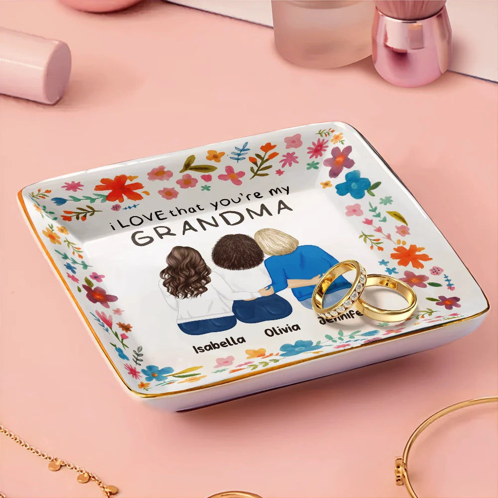 Custom Floral Jewelry Dish – Back View Friend Hug Illustration, Heartfelt Gift for Her