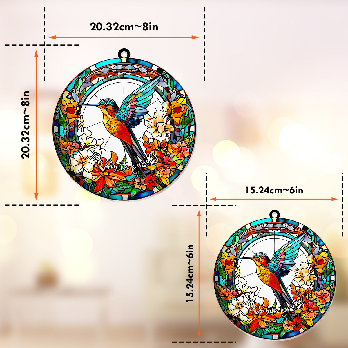 Beautiful Hummingbird Surrounded by Flowers - Personalized Hummingbird Window Hanging Suncatcher Ornament