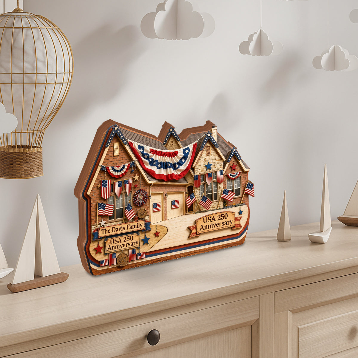 American House 250 Anniversary - Personalized Family Custom Shaped Wood Plaque