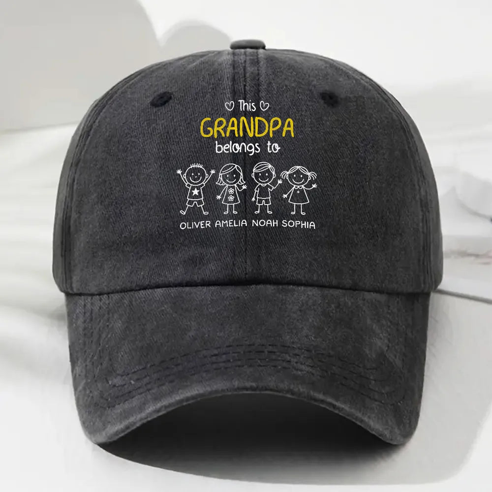 Washed Denim Baseball Cap with Stick-Figure Grandkids Art, Vintage Adjustable, Breathable - a Unique Gift for Grandpa