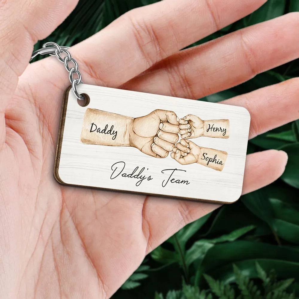 “Daddy's Dream Team” - Personalized Fist Bump Acrylic Or Wooden Keychain- Ideal Father's Day Gift