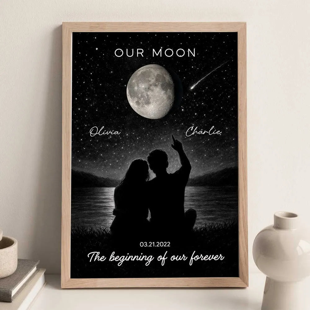 Personalized Moon Night Sky Couple Poster, Romantic Lakeside Silhouette Wall Art, Unique Gift For Couple