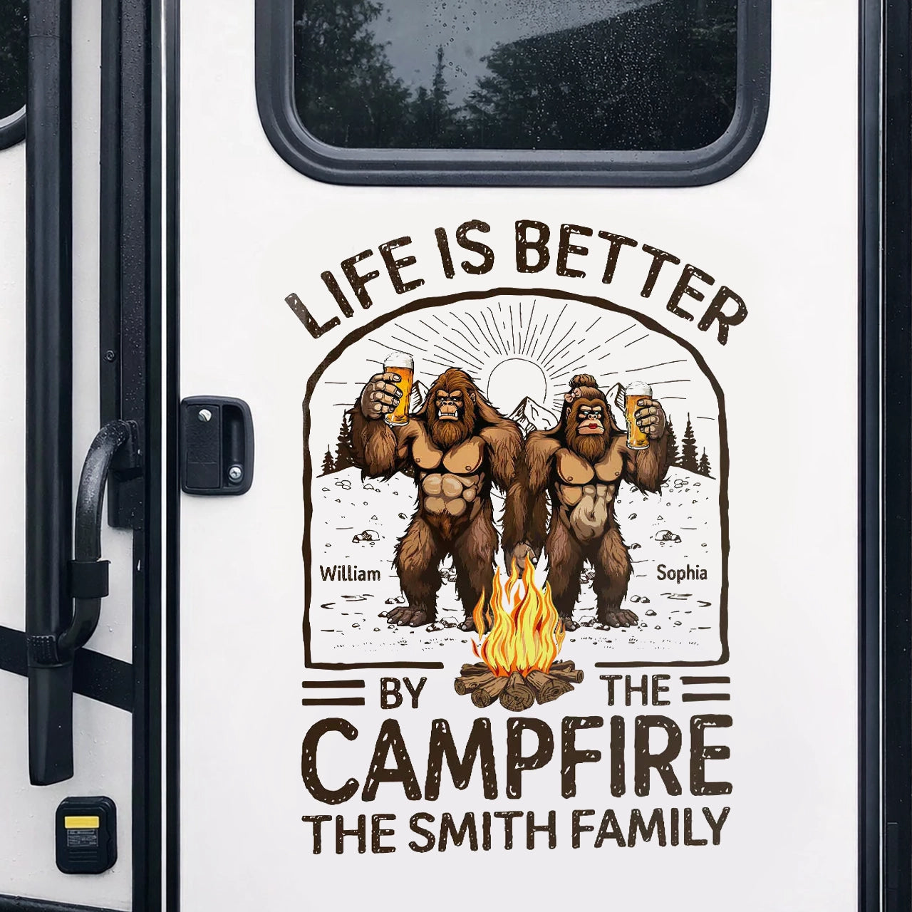Personalized Sticker Decal Life Is Better by the Campfire Bigfoot Couple for RVs and Campers - Unique Gift
