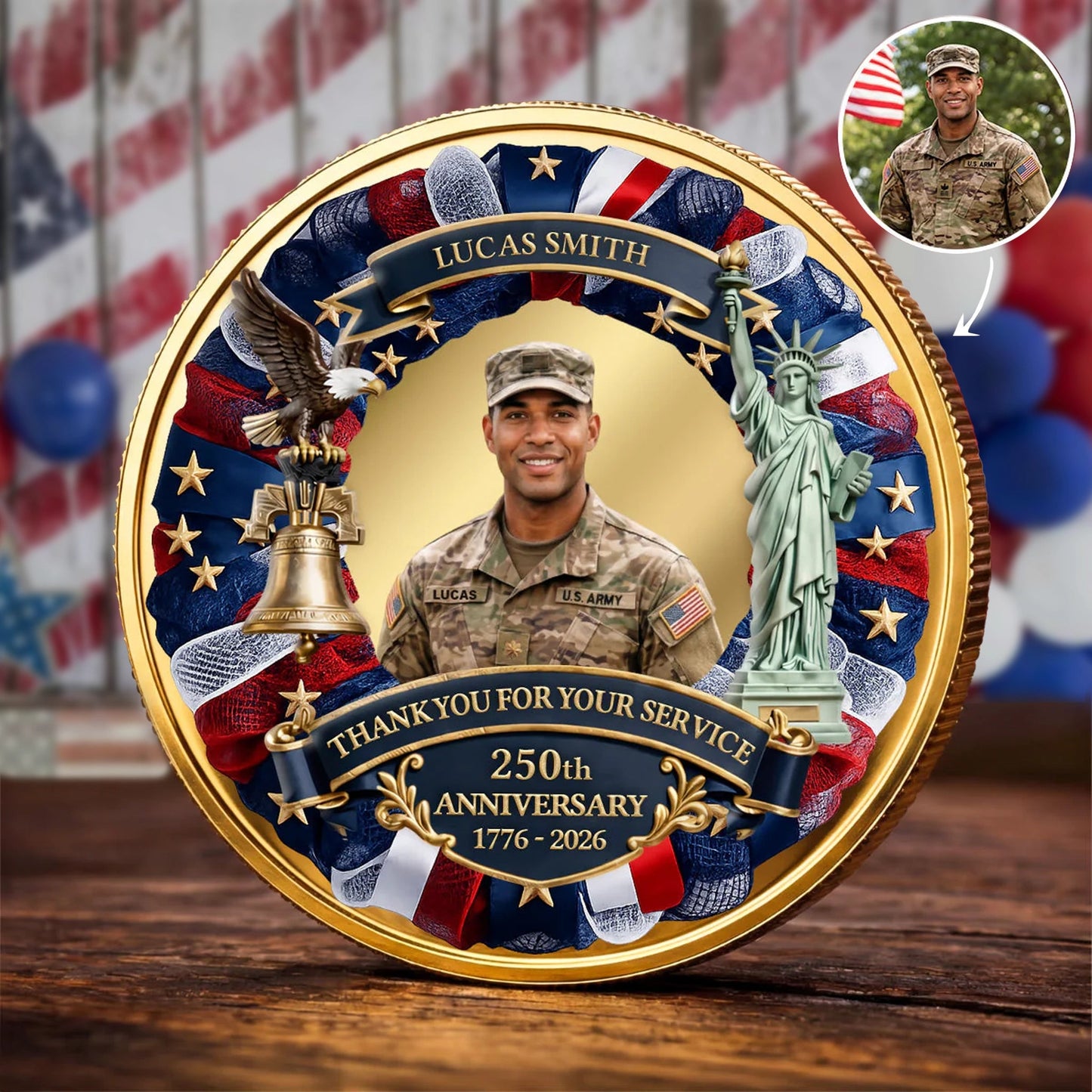 Personalized Alloy Keepsake Coin with Photo - Thank You for Your Service Patriotic Gift for Service Member