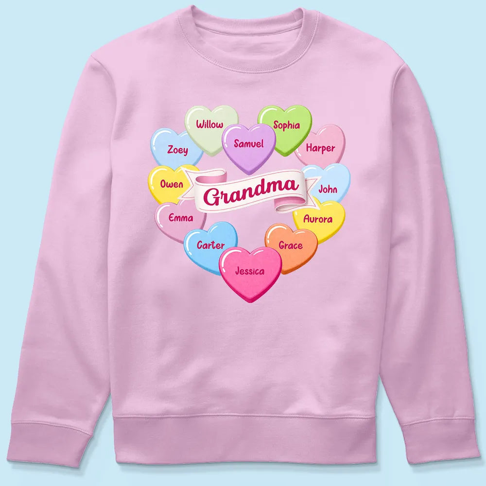 Personalized Grandma Classic Tee, Candy Heart Names Design for Valentine's Day, Unique Gift for Grandma