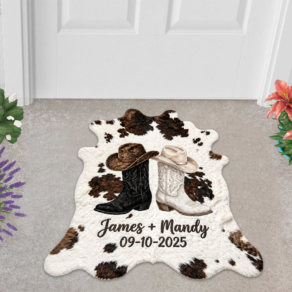 Farm House Decoration, Cowboy & Cowgirl Couple - Personalized Western Outfit Shaped Doormat/ Rug