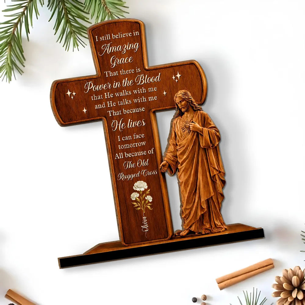 Personalized 2-Layer Wooden Plaque Cross and Jesus Design for Home Display, Amazing Grace Inspired, Unique Faith Gift