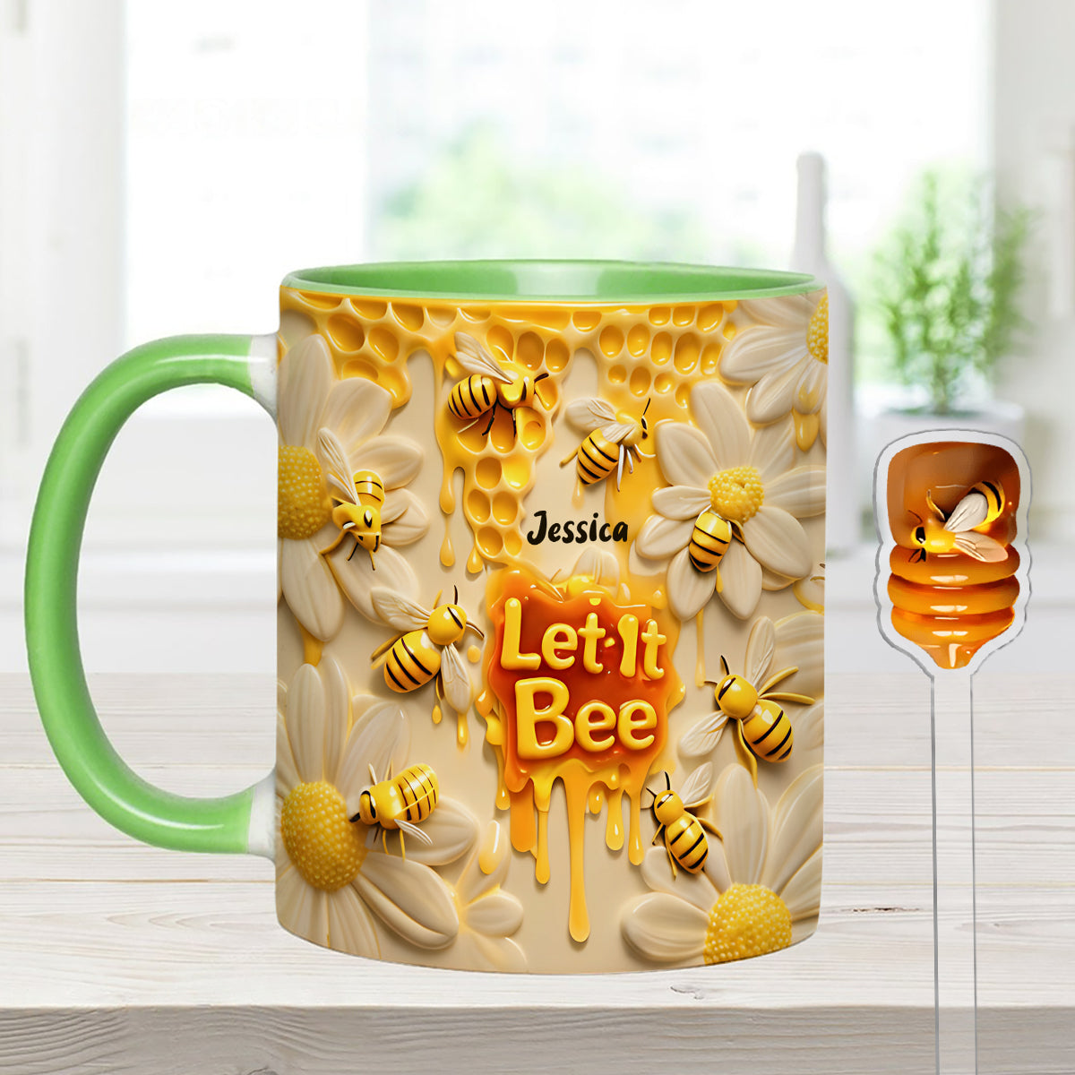 Let It Bee, Bee Flowers - Personalized Bee Set Accent Mug with Acrylic Stirrers