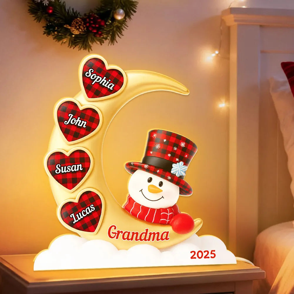 Snowman Moon Acrylic Light Box, Custom for Grandma, Cozy Christmas Decor with Soft Warm Glow, Unique Keepsake Gift