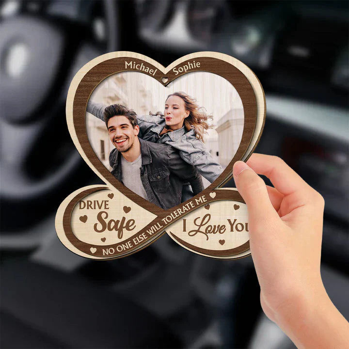 Personalized 2-Layer Wooden Car Visor Clip with Photo Heart Drive Safe I Love You, Unique Couple Gift