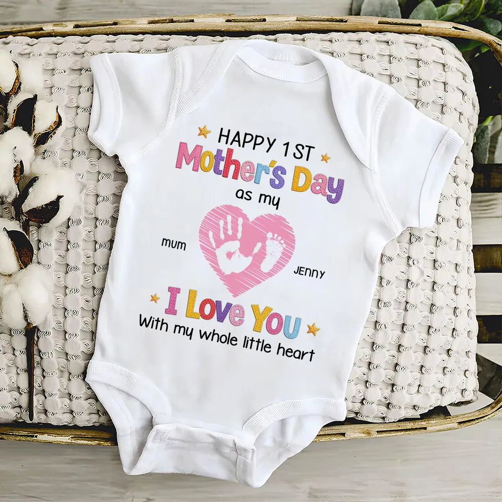 Short Sleeve Baby Onesie for Baby's First Mother's Day, Personalized Handprint Heart I Love You Design, Sweet Gift