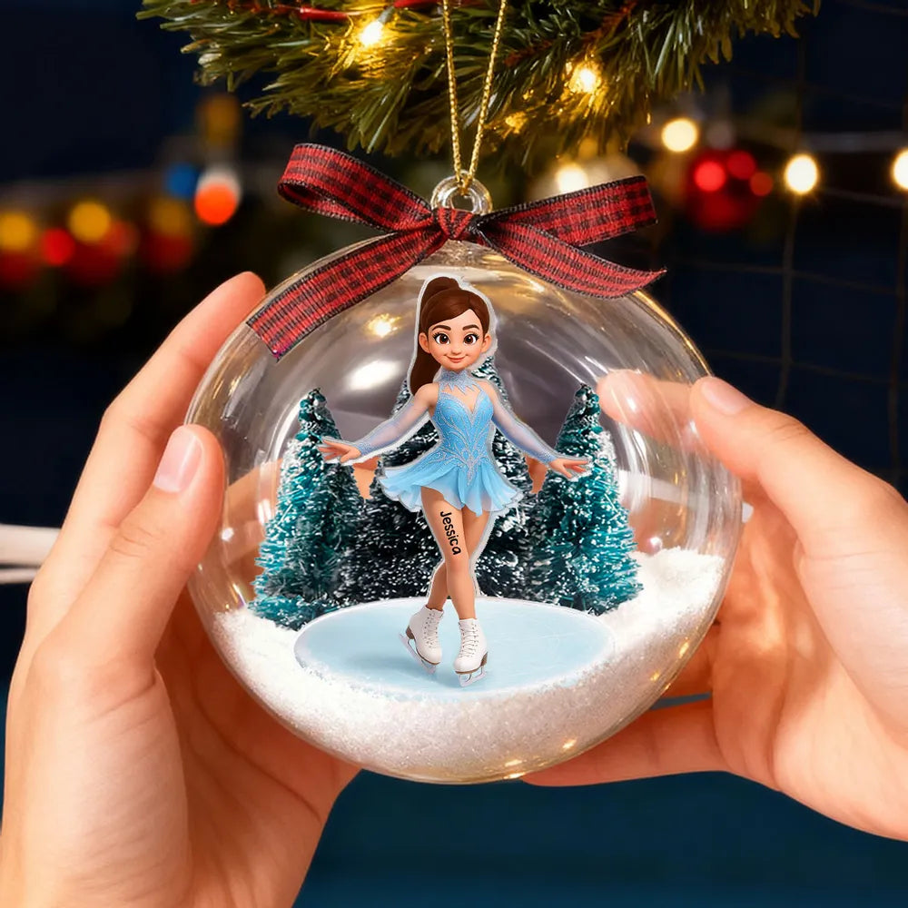Snow Globe Ornament with 3D Christmas Trees & Figure Skater - Unique Gift for Daughters or Granddaughters
