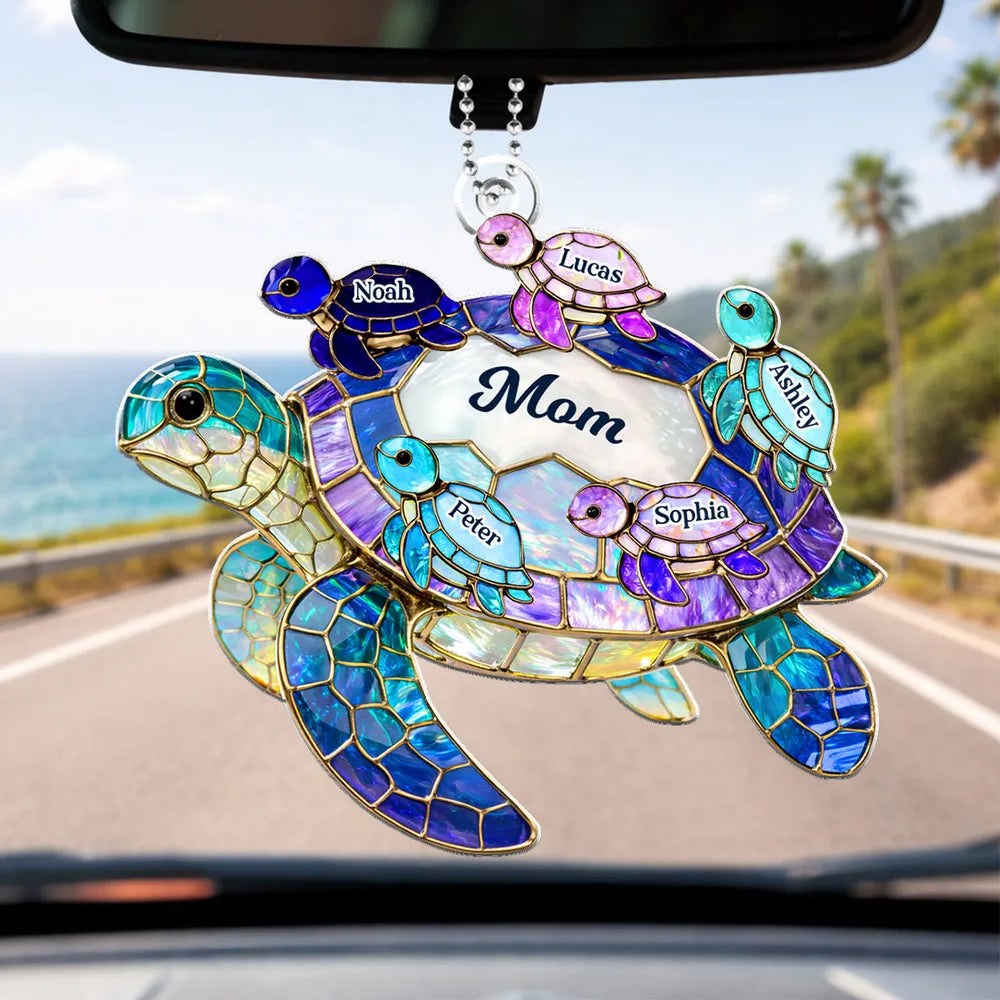 Personalized Sea Turtle Acrylic Car Hanger for Mom, Unique Rearview Mirror Gift with Gorgeous Ocean Colors