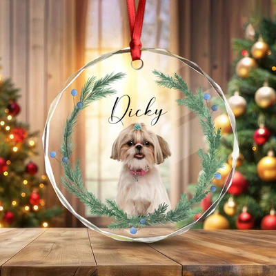 Custom Pet Photo Crystal Ornament for Dog Lovers, Festive Christmas Crystal Ornament Keepsake, Heartwarming Unique Gift for Pet Parents