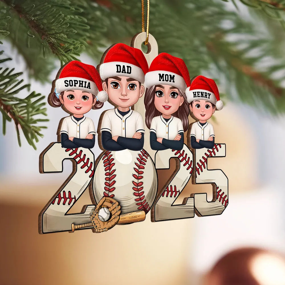 Wooden Baseball Ornament with Cartoon Family Design, Cozy Holiday Décor and Thoughtful Gift for Loved Ones