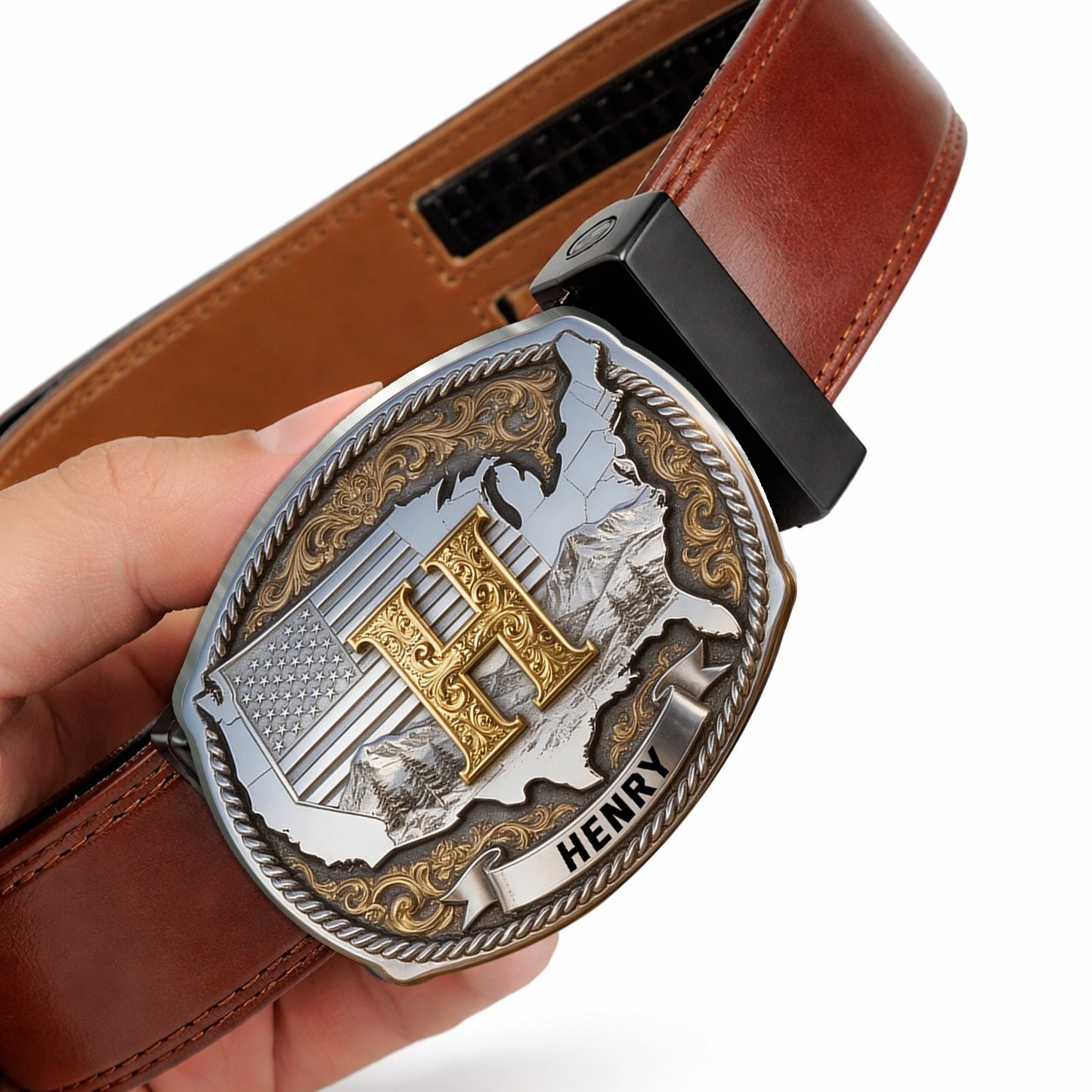 Custom Initial Buckle Belt, United State Map, Gift For Him - Personalized Patriot Leather Belt With Shaped Buckle