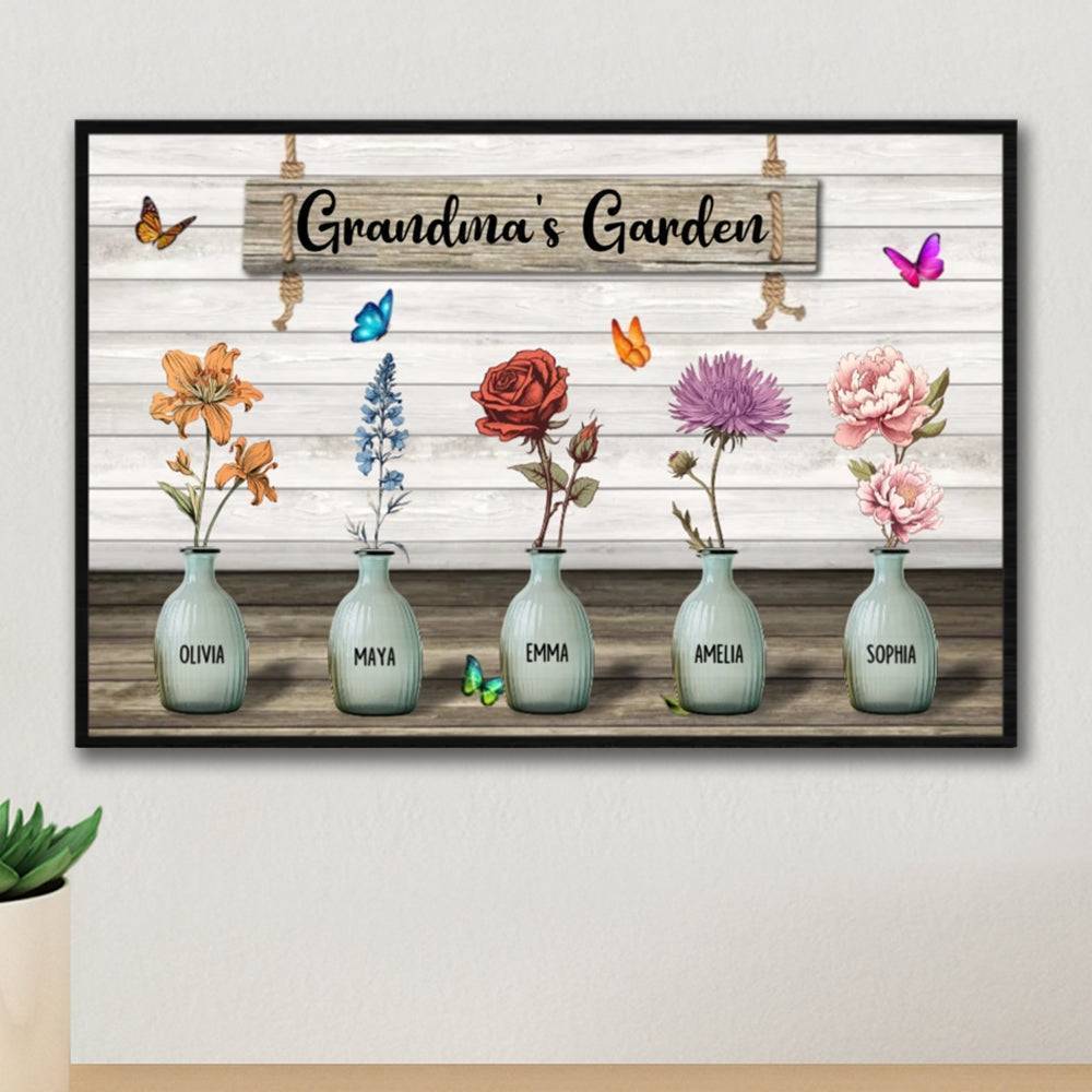 Grandma‘s Garden Birth Month Flowers Pots Personalized Horizontal Poster, Mother's Day Gift For Grandma, Mom, Auntie