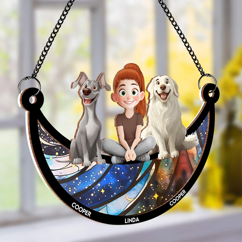 Personalized Dog Lovers Ornament – Cute Family Hanging with a Girl and Her Dogs, Perfect Gift for Dog Lovers, Ideal for Valentine's Day and Birthday, Wood and Acrylic Layered Ornament