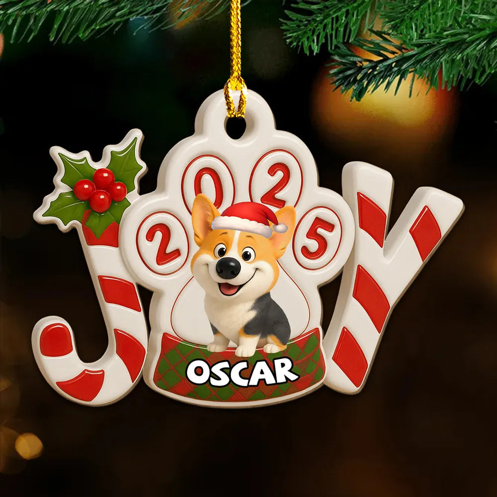 Acrylic Ornament JOY Paw Print with Cute Dog - Christmas Decor, Heartwarming Keepsake, Unique Gift for Pet Owners