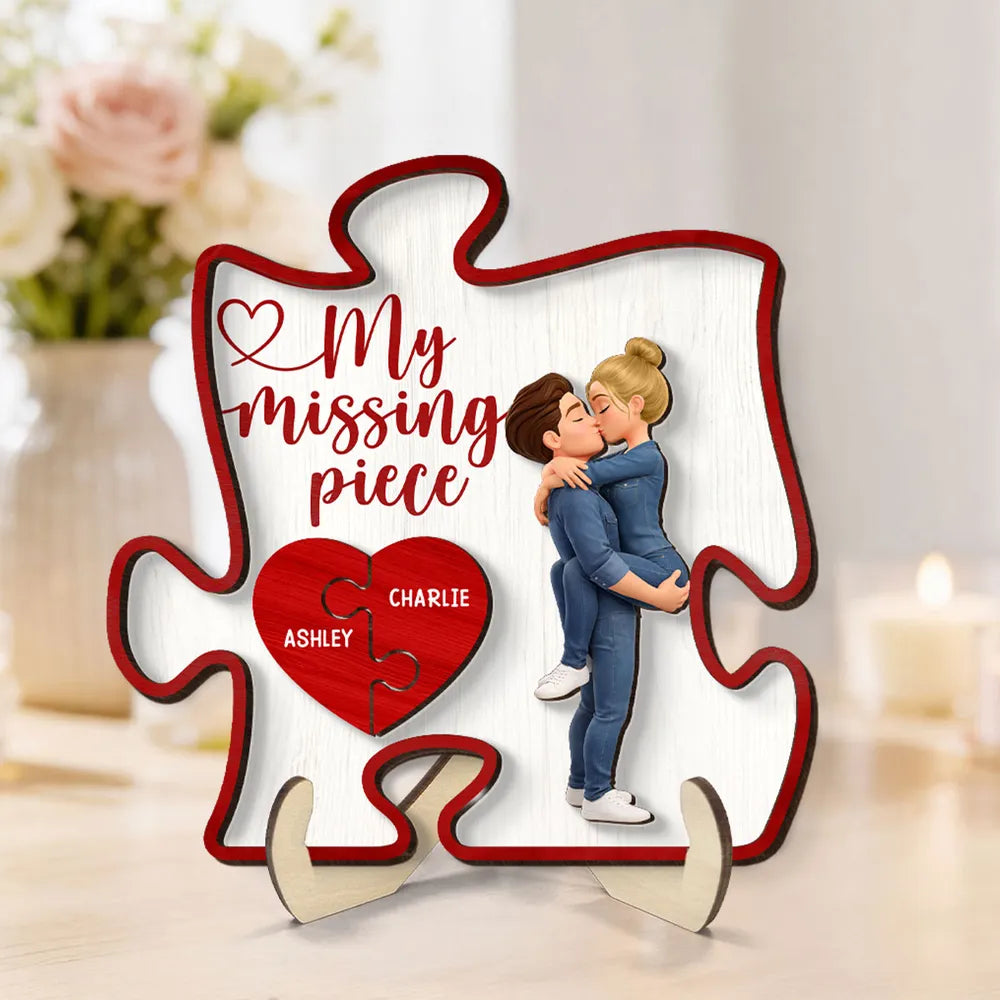 2-Layer Wooden Plaque My Missing Piece with Kissing Couple and Heart Puzzle - Personalized Sweet Gift for Couples