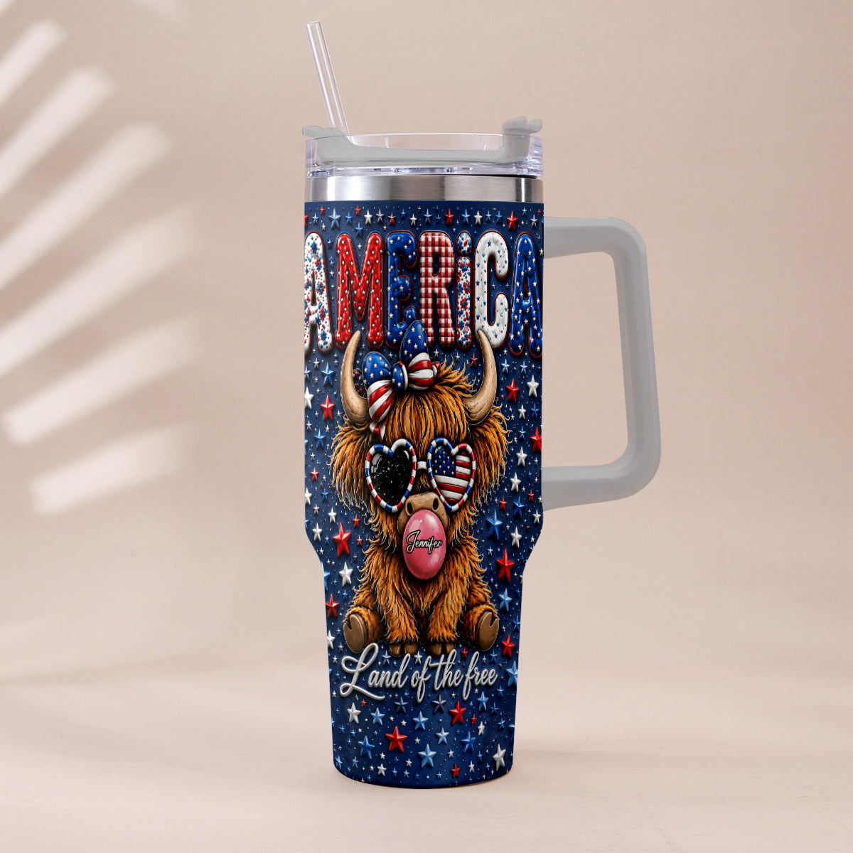 Land Of The Free - Personalized Highland Cow Tumbler With Plush Charm