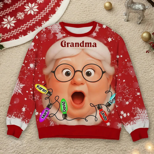 Custom Grandma Printed Sweatshirt with Cartoon Face & Holiday Lights, Festive Family Christmas Gift Idea