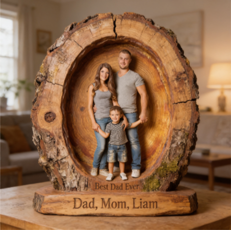 Custom Best Dad Ever Wood Log Figurine, Personalized Family Portrait Statue for Dad, Rustic Tabletop Decor Gift
