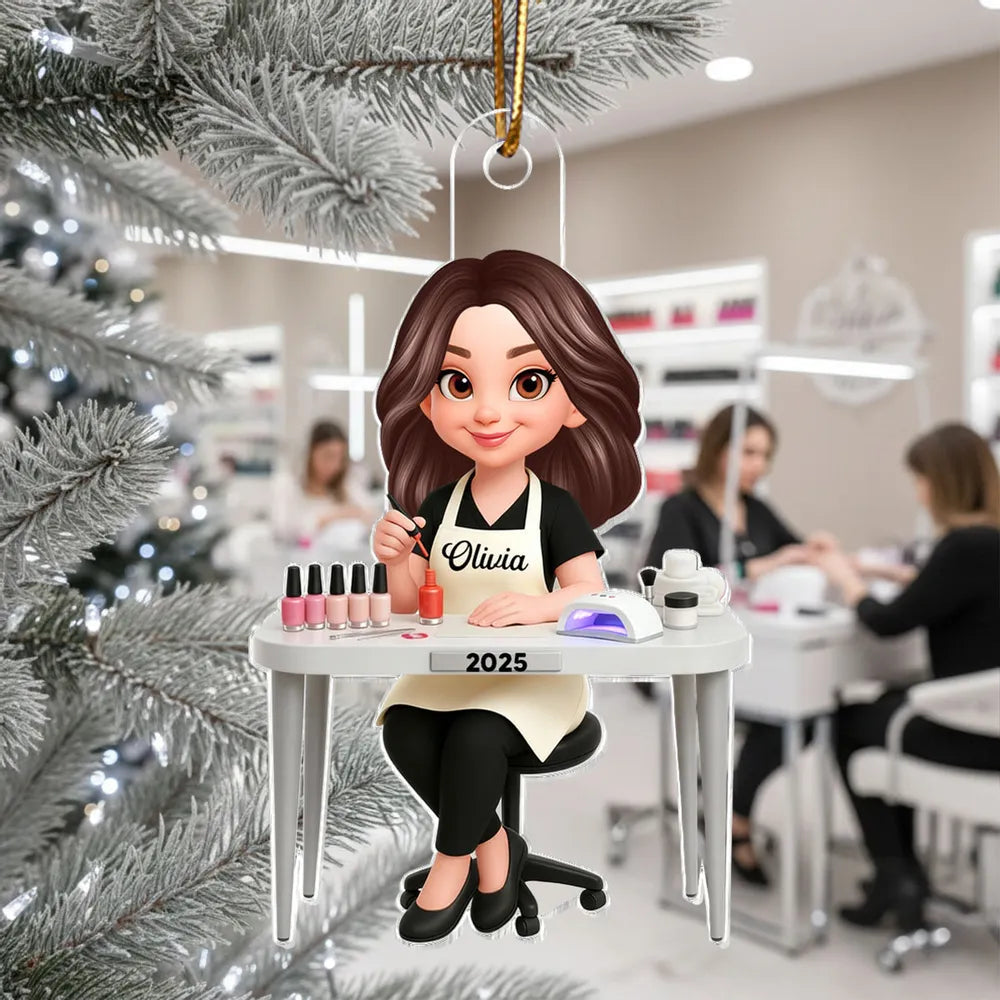 Personalized Acrylic Nail Tech Ornament, Cute Manicurist Desk Scene Keepsake Gift for Beauty Lovers