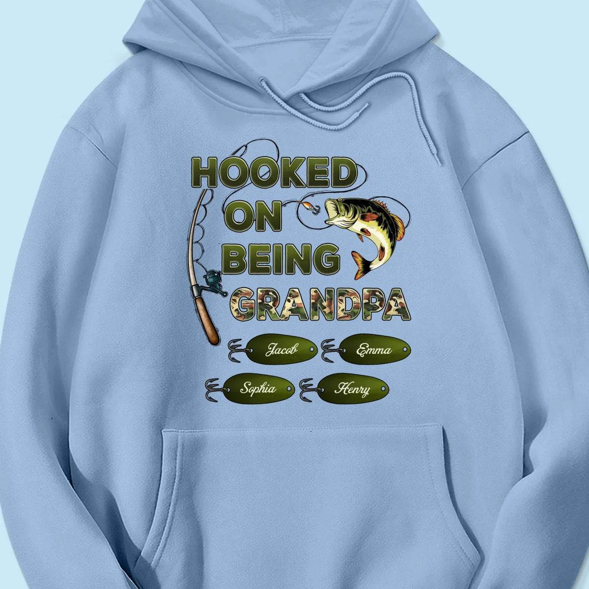 "Personalized Grandpa Fishing T-Shirt/Hoodie - Hooked on Being Grandpa - Ideal Father's Day or Birthday Gift"