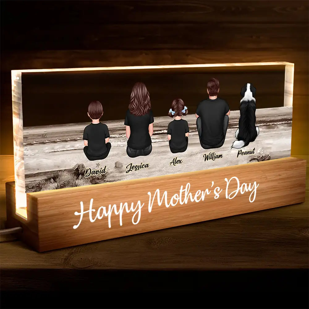 Family Sitting Back View Retro Vintage Beach Landscape Block LED Light Plaque, Mother's Day Gift Featuring Children and Pets