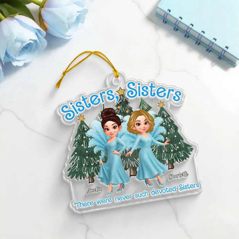 Personalized Sisters Acrylic Ornament featuring glitter blue dress design, holiday decoration and keepsake gift