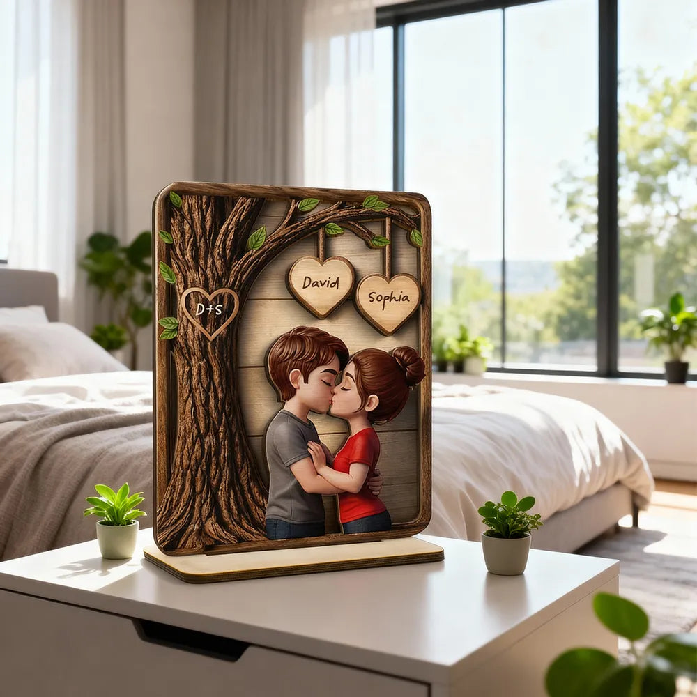 Personalized 2-Layer Wooden Plaque with Kissing Couple Under Tree for Desk or Shelf, Romantic Unique Gift for Her or Him