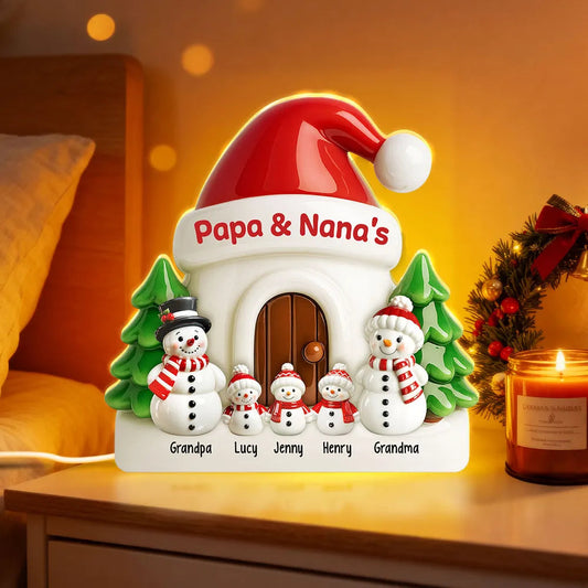 Personalized Acrylic Light Box with Snowman Family House, Soft Warm Glow Christmas Gift for Grandparents, Unique Keepsake Décor