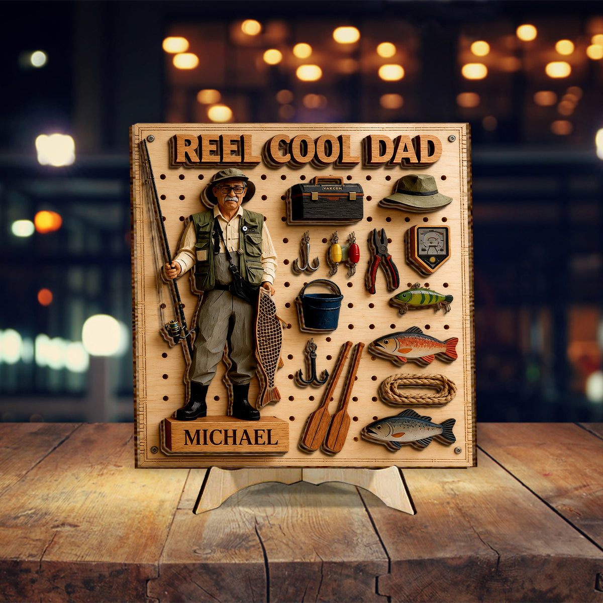 Dad Loves Fishing - Personalized Father 2 Layered Wood Sign / Wood Plaque
