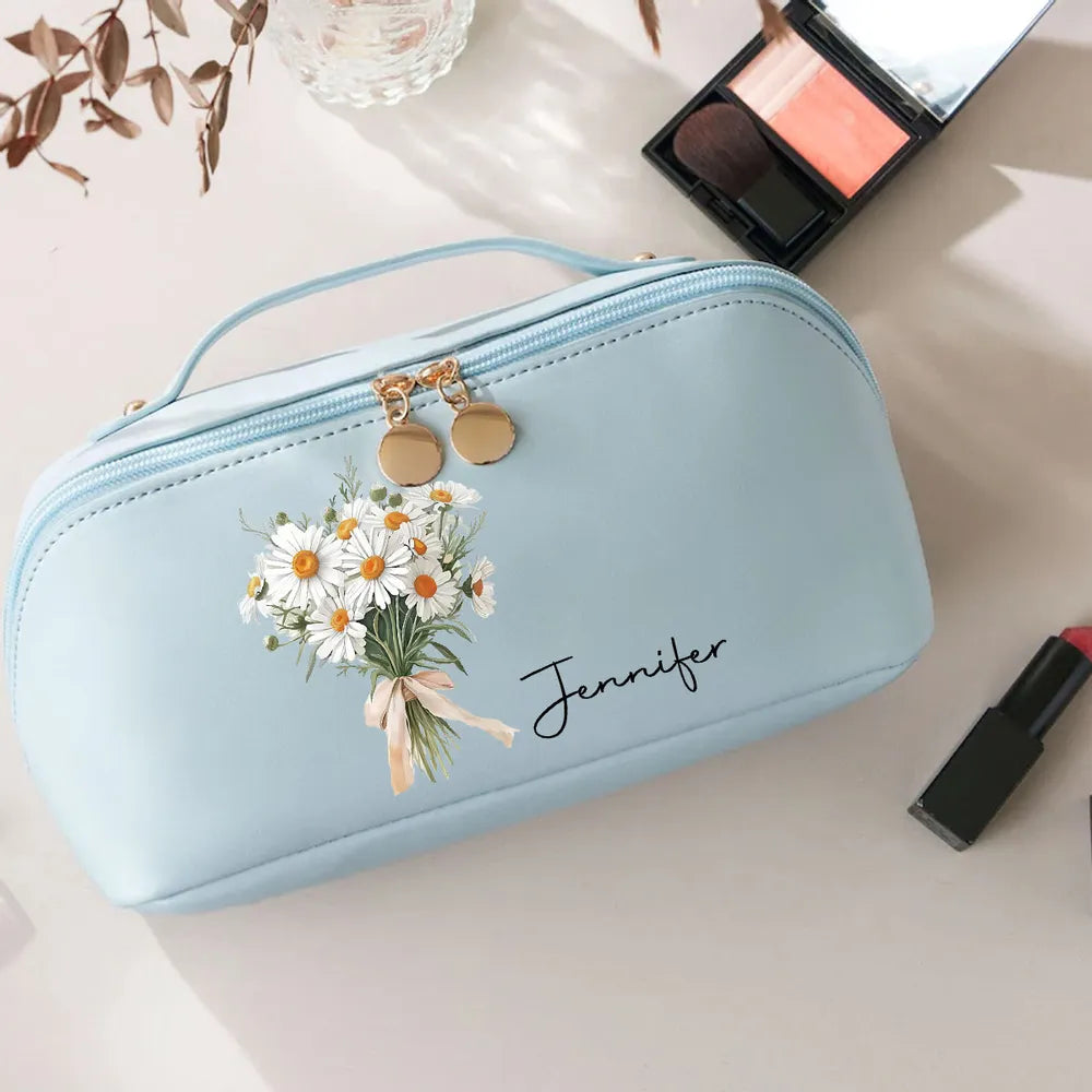 Personalized Leather Makeup Bag with Purple Florals, Custom Gift for Her & Stylish Travel Organizer