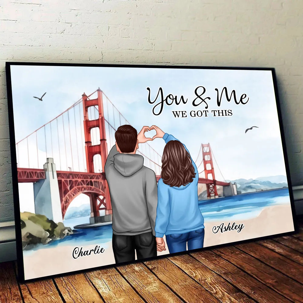 Custom Couple Poster - A Timeless Love Story with Scenic Bridge Backdrop