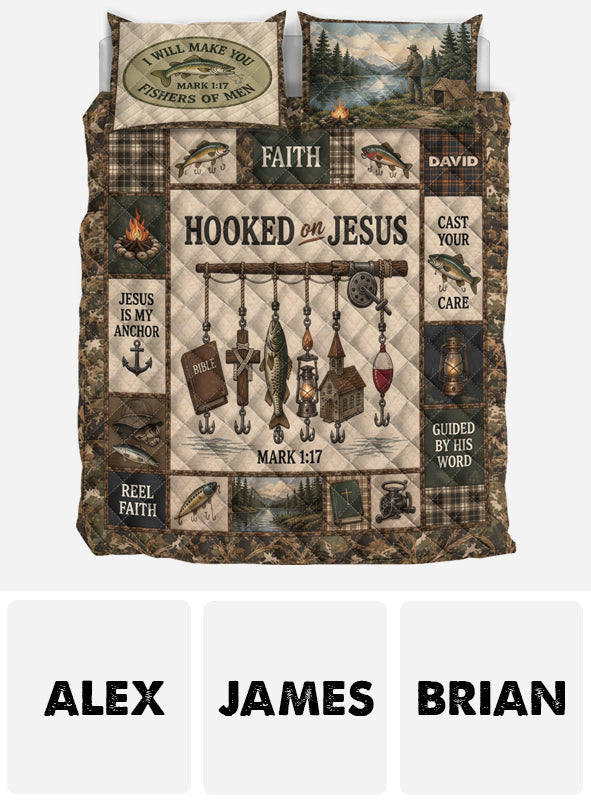 Fishing Lovers Gift, Hooked On Jesus - Personalized Fishing Quilt Set