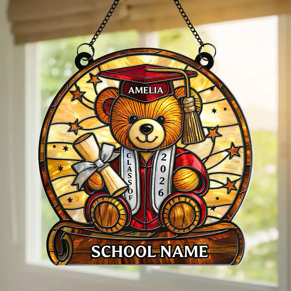 Stained Glass Style Graduation Teddy Bear Acrylic Suncatcher Ornament, Sweet Window Keepsake Gift for a Proud Grad